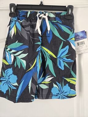 Kanu Surf Boy's Black Floral Cargo Swim Shorts with Blue & Teal Print Size 7